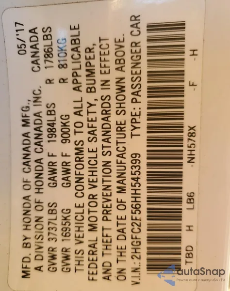 2017 Honda Civic Lx from USA, damaged, VIN 2HGFC2F56HH545399